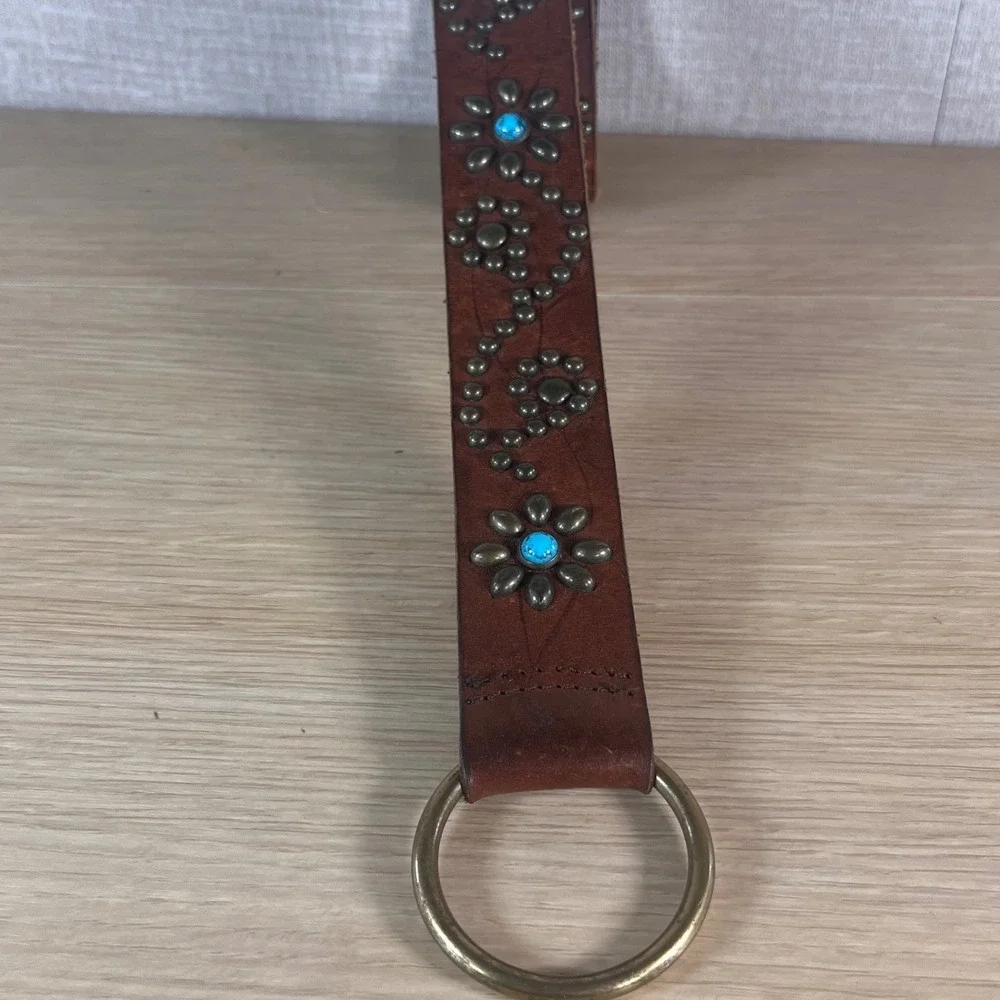Vintage Brown Leather Studded Floral Turquoise Belt O-Ring Western Boho Cowgirl